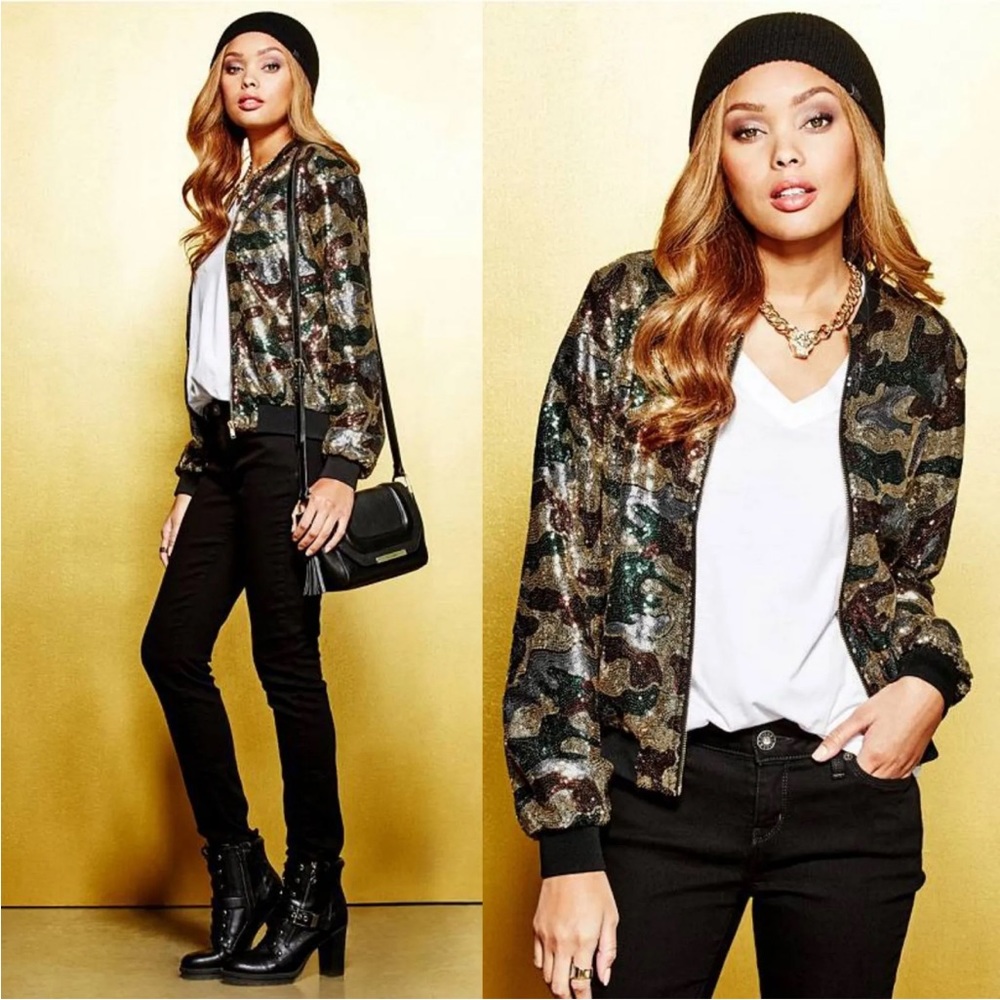 G by GUESS EMPIRE Fox SAHIRA SEQUIN BOMBER JACKET green gold brown Size …